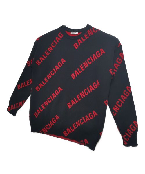 BALENCIAGA（バレンシアガ）BALENCIAGA (バレンシアガ) 総柄BALENCIAGAスラッシュロゴ付クルーネックニット ブラック×レッド サイズ:XSの古着・服飾アイテム