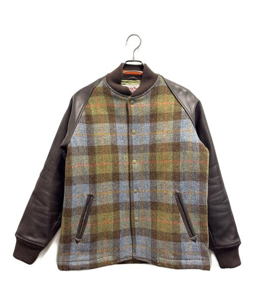 PAUL SMITH（ポールスミス）PAUL SMITH (ポールスミス) Harris Tweed (ハリスツイード) 袖レザー切替スタジャン ブラウン×グリーン サイズ:Mの古着・服飾アイテム