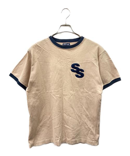 stussy（ステューシー）stussy (ステューシー) ロゴリンガーカットソー ベージュ×ネイビー サイズ:Mの古着・服飾アイテム