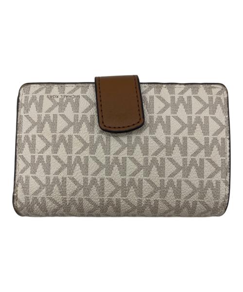 MICHAEL KORS（マイケル・コース）MICHAEL KORS (マイケルコース) ビルフォールド ジップ コンパクトウォレット ミディアム ベージュ×ブラウンの古着・服飾アイテム