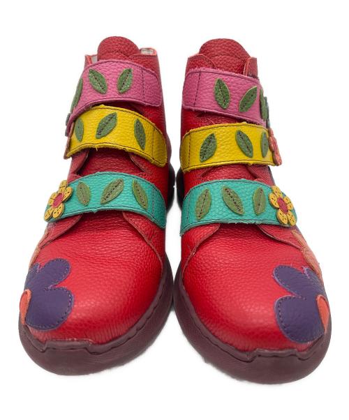 estacion（エスタシオ）estacion (エスタシオ) 花モチーフエアサイクルショートブーツ レッド×マルチカラー サイズ:Lの古着・服飾アイテム
