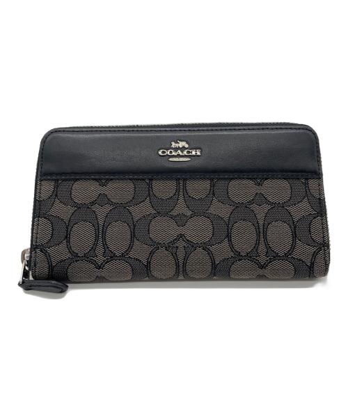 COACH（コーチ）COACH (コーチ) COACH　シグネチャー　ラウンドファスナー財布 ブラック×ベージュの古着・服飾アイテム