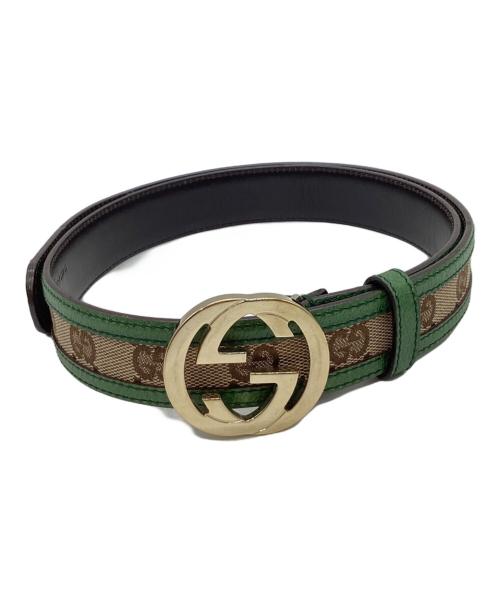 GUCCI（グッチ）GUCCI (グッチ) GUCCI　GGキャンバス　インターロッキングベルト ベージュ×グリーンの古着・服飾アイテム