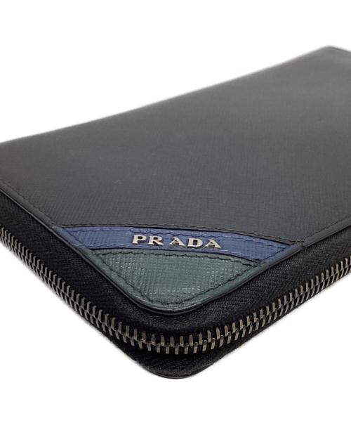 PRADA（プラダ）PRADA (プラダ) PRADA　サフィアーノ　ラウンドファスナー財布 ブラック×グリーンの古着・服飾アイテム