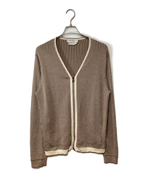 Salvatore Ferragamo（サルヴァトーレ フェラガモ）Salvatore Ferragamo (サルヴァトーレ フェラガモ) シルク混ジップアップジャケット ベージュ×ブラウン サイズ:Lの古着・服飾アイテム