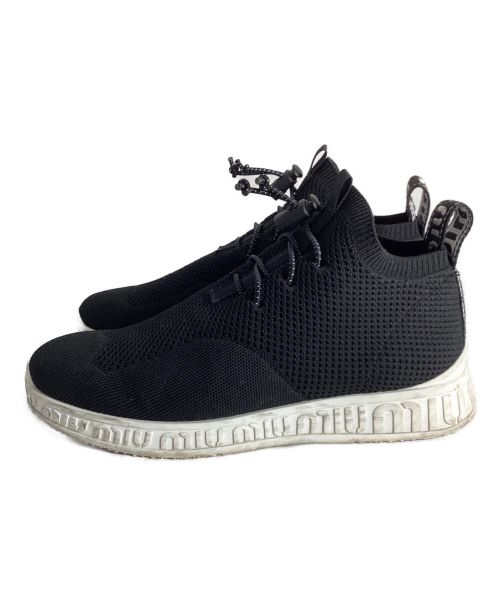 MIU MIU（ミュウミュウ）MIU MIU (ミュウミュウ) KNIT MESH WHITE LOGO BUNGEE LACE SOCK SNEAKERS ブラック×ホワイト サイズ:36.5の古着・服飾アイテム