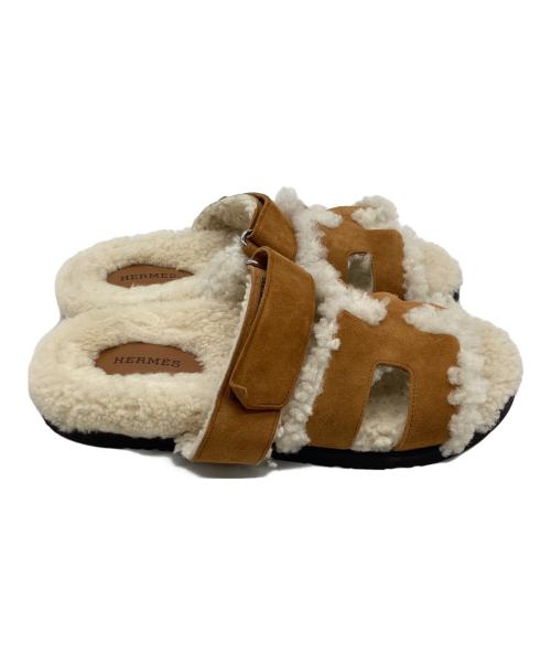 HERMES（エルメス）HERMES (エルメス) ムートンレザーフラットサンダル ブラウン×ベージュ サイズ:size 37の古着・服飾アイテム
