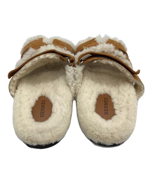 HERMES（エルメス）HERMES (エルメス) ムートンレザーフラットサンダル ブラウン×ベージュ サイズ:size 37の古着・服飾アイテム