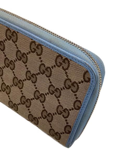GUCCI（グッチ）GUCCI (グッチ) ラウンドジップウォレット　GGキャンバス ベージュ×ブルーの古着・服飾アイテム