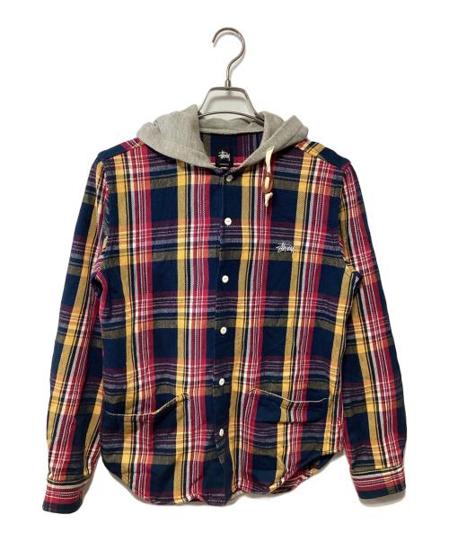 stussy（ステューシー）stussy (ステューシー) フード付ネルシャツ ネイビー×レッド サイズ:SMALLの古着・服飾アイテム
