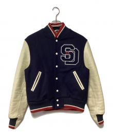 GB sport（ゴールデンベアスポーツ）の古着「レザースリーブスタジャン」｜ネイビー×アイボリー