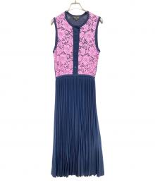 DRAWER（ドゥロワー）の古着「コットンレースプリーツニットワンピース」｜ネイビー×ピンク