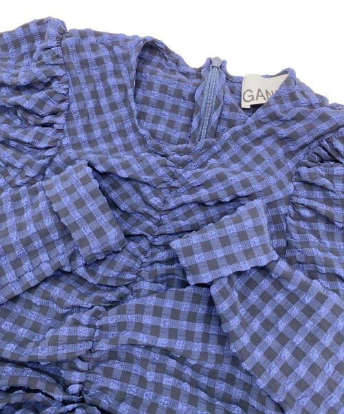 GANNI（ガニー）GANNI (ガニー) ルーシュ・ギンガム・シアサッカー・ミニドレス ネイビー サイズ:Sの古着・服飾アイテム