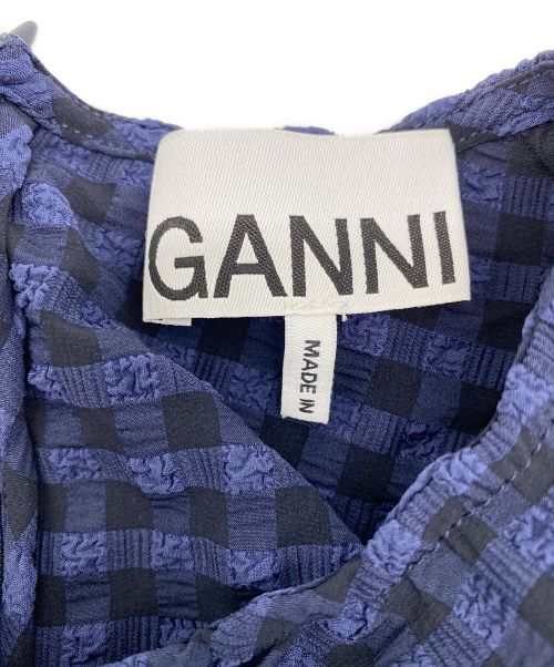 GANNI（ガニー）GANNI (ガニー) ルーシュ・ギンガム・シアサッカー・ミニドレス ネイビー サイズ:Sの古着・服飾アイテム