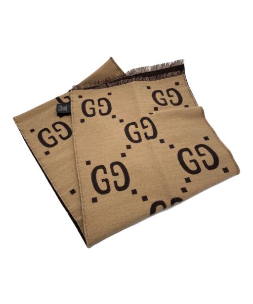 GUCCI（グッチ）GUCCI (グッチ) GGジャカードウールシルク スカーフ ベージュ×ブラウンの古着・服飾アイテム