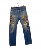 Hysteric Glamourヒステリックグラマー）の古着「Hysteric Glamour　ステッカー プリント スリム ストレート デニム パンツ」｜インディゴ