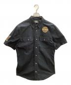 HARLEY-DAVIDSONハーレーダビッドソン）の古着「Race Flag Short Sleeve Woven Shirt」｜ブラック