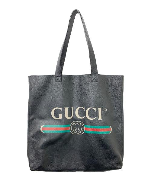 GUCCI（グッチ）GUCCI (グッチ) ロゴプリント レザートートバッグ ブラックの古着・服飾アイテム