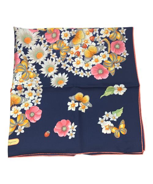 Salvatore Ferragamo（サルヴァトーレ フェラガモ）Salvatore Ferragamo (サルヴァトーレ フェラガモ) シルクスカーフ ネイビーの古着・服飾アイテム