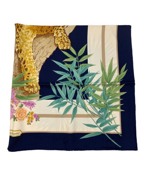 Salvatore Ferragamo（サルヴァトーレ フェラガモ）Salvatore Ferragamo (サルヴァトーレ フェラガモ) シルクスカーフ ネイビー×ベージュの古着・服飾アイテム