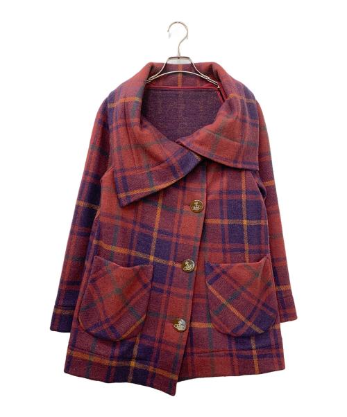 Vivienne Westwood RED LABEL（ヴィヴィアンウエストウッドレッドレーベル）Vivienne Westwood RED LABEL (ヴィヴィアンウエストウッドレッドレーベル) ウール タータンチェック ビッグカラー アシンメトリー コート レッド×パープル サイズ:2の古着・服飾アイテム
