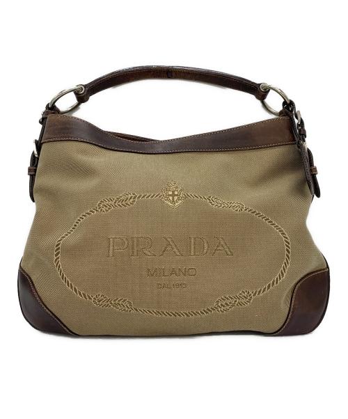 PRADA（プラダ）PRADA (プラダ) ロゴジャガードハンドバッグ ベージュ×ブラウンの古着・服飾アイテム