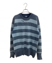 TMT（ティーエムティー）の古着「	INDIGO BULLET HOLE BORDER KNIT PULLOVER」｜ネイビー