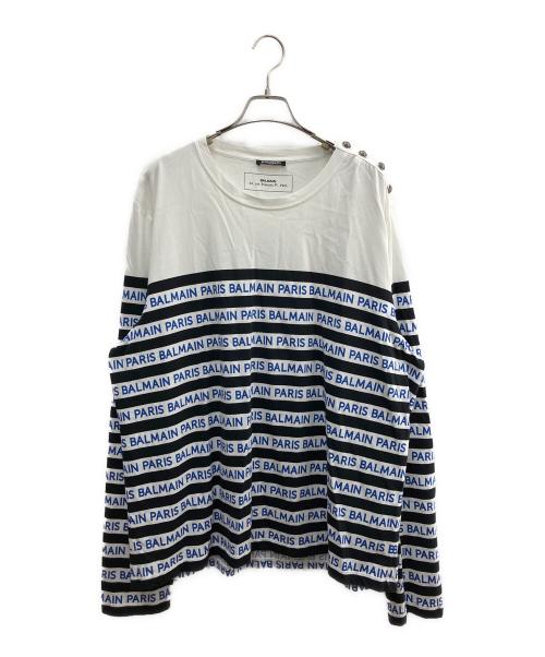 BALMAIN（バルマン）BALMAIN (バルマン) ボーダーロゴラインスウェット ホワイト×ブルー×ブラック サイズ:XXXLの古着・服飾アイテム