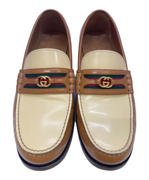 GUCCI（グッチ）GUCCI (グッチ) GGシェリーラインローファー ブラウン×アイボリー サイズ:UK9の古着・服飾アイテム