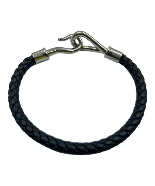 HERMES（エルメス）HERMES (エルメス) 編込みレザーブレスレット ジャンボH ブラック×シルバーカラーの古着・服飾アイテム