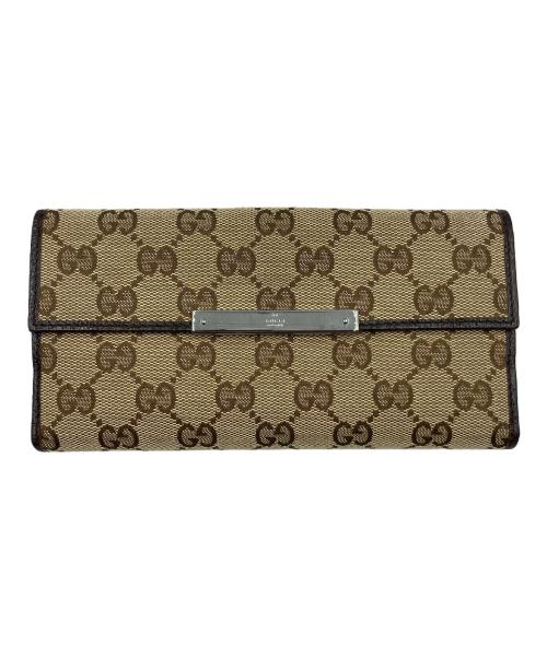 GUCCI（グッチ）GUCCI (グッチ) Wホック長財布 GGキャンバス ベージュ×ブラウンの古着・服飾アイテム