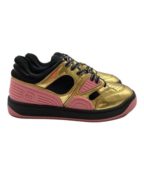 GUCCI（グッチ）GUCCI (グッチ) BASKET LOW レザーローカットスニーカー ゴールド×ピンク サイズ:SIZE　22.5cmの古着・服飾アイテム