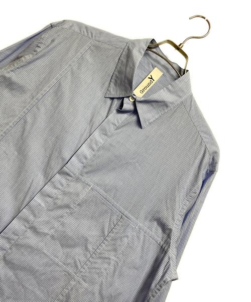 GROUND Y（グラウンドワイ）Ground Y (グラウンドワイ) アシンメトリー切り替え ストライプ ロングシャツ スカイブルー×ホワイト サイズ:3の古着・服飾アイテム