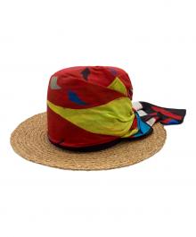 BORSALINO×JANTJE ONTEMBAAR（ボルサリーノ×ヤンチェ オンテンバール）の古着「スカーフ付ラフィアハット」｜レッド×ベージュ