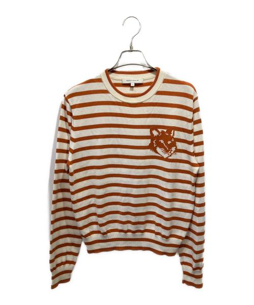 maison kitsune（メゾンキツネ）maison kitsune (メゾンキツネ) FOX HEAD INTARSIA COMFORT STRIPED JUMPER ブラウン×アイボリー サイズ:Sの古着・服飾アイテム