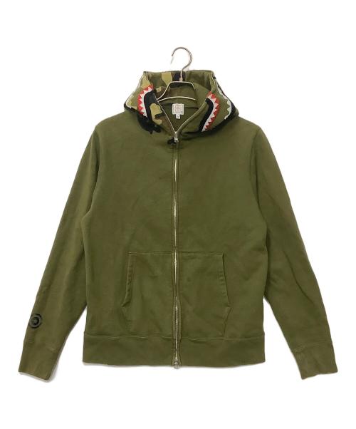 A BATHING APE（ア ベイシング エイプ）A BATHING APE (ア ベイシング エイプ) 1st Shark Full Zip Hoodie カーキ サイズ:Mの古着・服飾アイテム