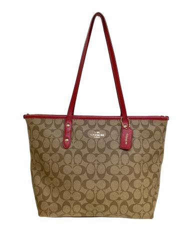 COACH トートバッグ ベージュ レッド 中古・古着通販】COACH (コーチ) トートバッグ ベージュ×レッド