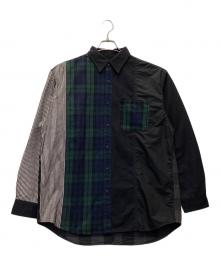 THE NORTHFACE PURPLELABEL（ザ・ノースフェイス パープルレーベル）の古着「長袖シャツ/Plaid Patchwork Shirt」｜ブラック×ホワイト×ネイビー×グリーン