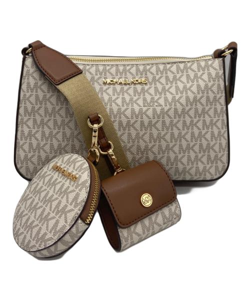 MICHAEL KORS（マイケル・コース）MICHAEL KORS (マイケル・コース) JET SET TRAVEL クロスボディ ウィズ テックアタッチ スモール - MKシグネチャー ベージュ×ブラウンの古着・服飾アイテム