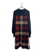 BLUE LABEL CRESTBRIDGE×美人百花ブルーレーベルクレストブリッジ×ビジンヒャッカ）の古着「BLUE LABEL CRESTBRIDGE×美人百花　チェック×ジャカードニットワンピースチェックジャカードニットワンピース」｜ネイビー×レッド