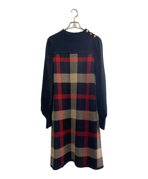BLUE LABEL CRESTBRIDGE（ブルーレーベルクレストブリッジ）BLUE LABEL CRESTBRIDGE 美人百花 (ビジンヒャッカ) BLUE LABEL CRESTBRIDGE×美人百花　チェック×ジャカードニットワンピースチェックジャカードニットワンピース ネイビー×レッド サイズ:38の古着・服飾アイテム