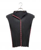 PLEATS PLEASEプリーツプリーズ）の古着「プリーツノースリーブカットソー」｜ブラック×レッド