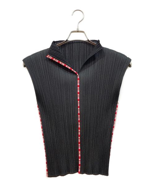 PLEATS PLEASE（プリーツプリーズ）PLEATS PLEASE (プリーツプリーズ) プリーツノースリーブカットソー ブラック×レッド サイズ:3の古着・服飾アイテム