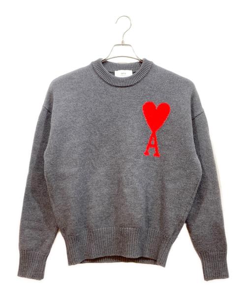 ami（アミ）ami (アミ) オーバーサイズ ハートロゴ クルーネック ニット セーター グレー サイズ:Sの古着・服飾アイテム