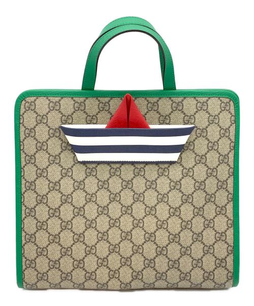 GUCCI（グッチ）GUCCI (グッチ) チルドレン ボート トートバッグ ベージュ×グリーン×ダークブラウンの古着・服飾アイテム