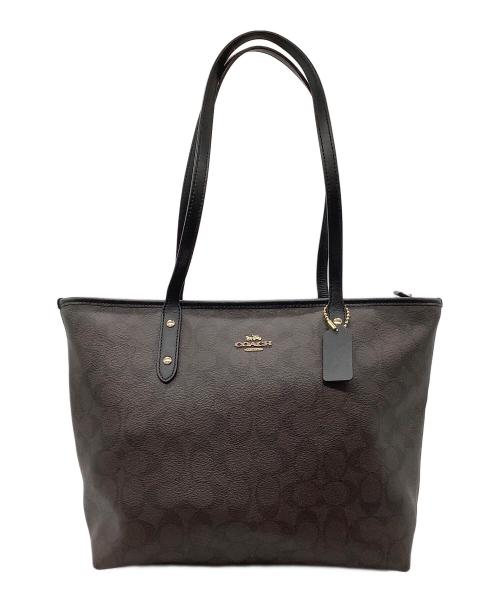 COACH（コーチ）COACH (コーチ) シグネチャー シティー ジップ トップ トート ブラウン×ブラックの古着・服飾アイテム