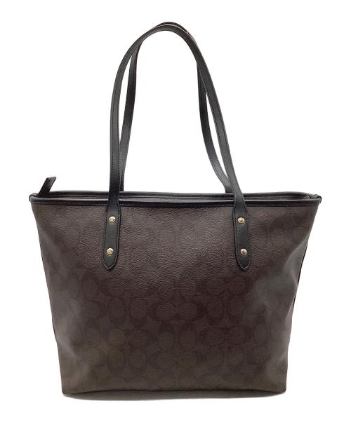 COACH（コーチ）COACH (コーチ) シグネチャー シティー ジップ トップ トート ブラウン×ブラックの古着・服飾アイテム