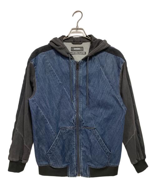DIESEL（ディーゼル）DIESEL (ディーゼル) バイアスカットデニムコレクション ジップパーカー ブラック×ブルー サイズ:Sの古着・服飾アイテム