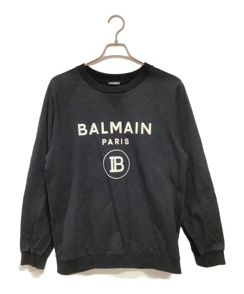 BALMAIN（バルマン）BALMAIN (バルマン) フロッキープリントロゴ クルーネックスウェット ブラック サイズ:36の古着・服飾アイテム