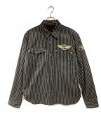 VANSONバンソン）の古着「デニム・ウォバッシュストライプ長袖ワークシャツ 」｜ブラック